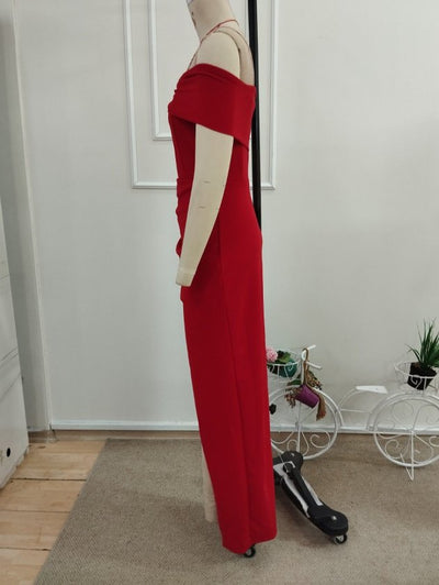 Rochie din Krep importat, lungă, femininǎ cu tăieturi adânci pe spate, cu umeri descoperiți, 36446