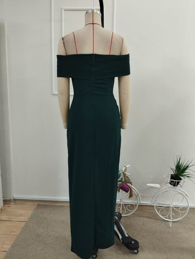 Rochie din Krep importat, lungă, femininǎ cu tăieturi adânci pe spate, cu umeri descoperiți, 36447