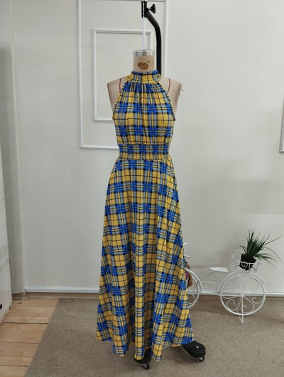 Rochie lungă femininǎ cu gât cărămiziu, talie cu elastic, model în carouri, din Super, cu umeri descoperiți, 36462