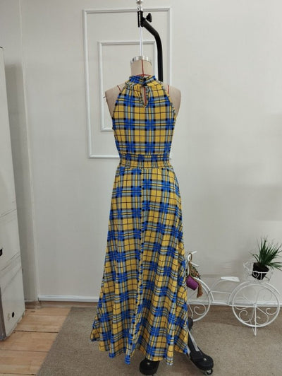 Rochie lungă femininǎ cu gât cărămiziu, talie cu elastic, model în carouri, din Super, cu umeri descoperiți, 36462