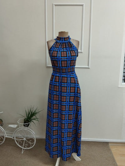 Rochie lungă femininǎ cu gât cărămiziu, talie cu elastic, model în carouri, din Super, cu umeri descoperiți, 36463
