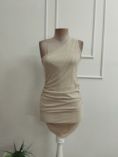 Rochie mini din crep importat cu bretela unui singur umar, umar deschis cu cristale, 36474