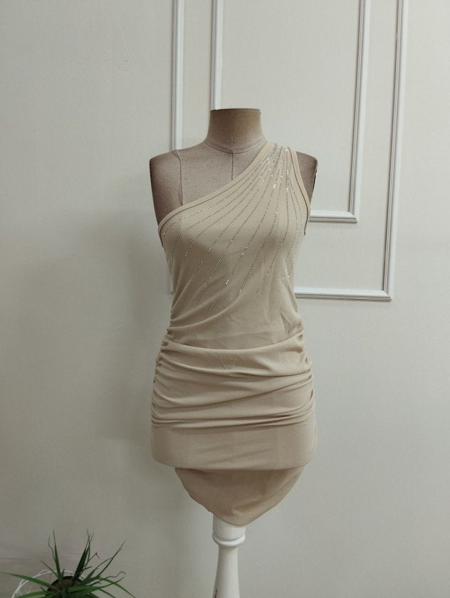 Rochie mini din crep importat cu bretela unui singur umar, umar deschis cu cristale, 36474