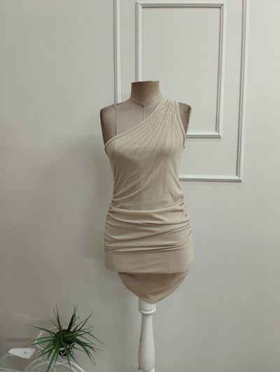 Rochie mini din crep importat cu bretela unui singur umar, umar deschis cu cristale, 36474