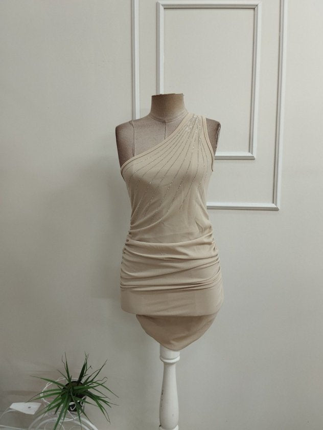 Rochie mini din crep importat cu bretela unui singur umar, umar deschis cu cristale, 36474