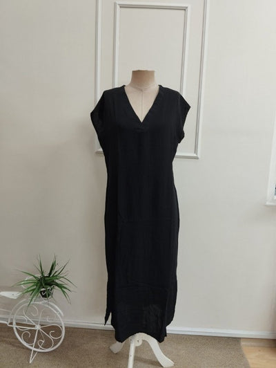Rochie midi din viscon țesut cu mânecă scurtă, guler V, cu deschizătură pe laturi, 36482