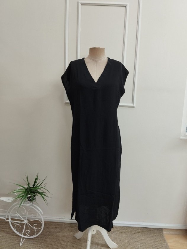 Rochie midi din viscon țesut cu mânecă scurtă, guler V, cu deschizătură pe laturi, 36482