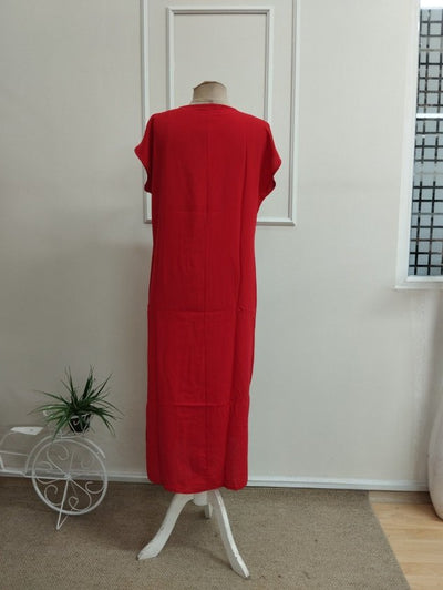 Rochie midi din viscon țesut cu mânecă scurtă, guler V, cu deschizătură pe laturi, 36483