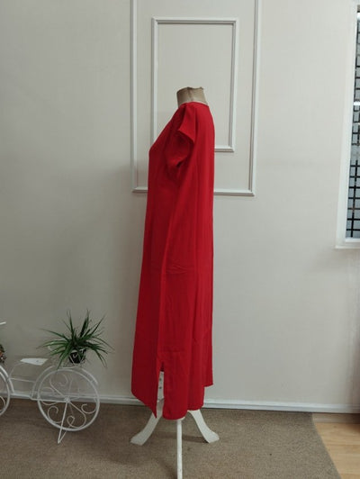 Rochie midi din viscon țesut cu mânecă scurtă, guler V, cu deschizătură pe laturi, 36483