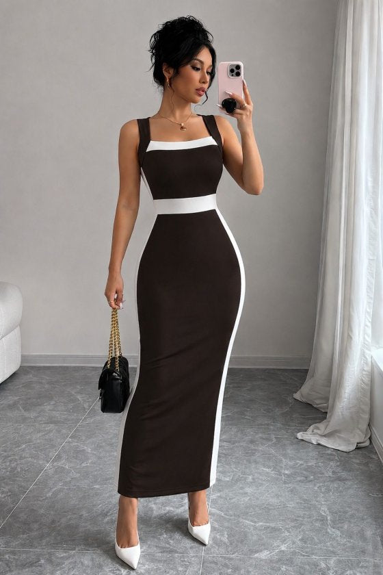 Rochie lungă din lycra cu bretele, guler geometric, detalii cu panglică, 36484