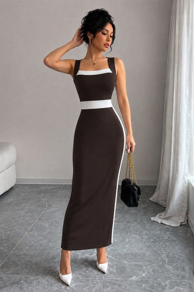 Rochie lungă din lycra cu bretele, guler geometric, detalii cu panglică, 36484