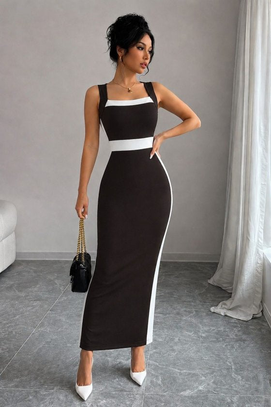 Rochie lungă din lycra cu bretele, guler geometric, detalii cu panglică, 36484