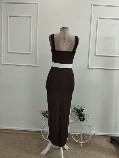 Rochie lungă din lycra cu bretele, guler geometric, detalii cu panglică, 36484