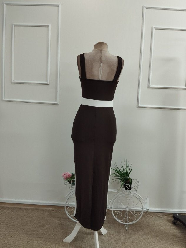 Rochie lungă din lycra cu bretele, guler geometric, detalii cu panglică, 36484
