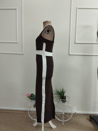 Rochie lungă din lycra cu bretele, guler geometric, detalii cu panglică, 36484