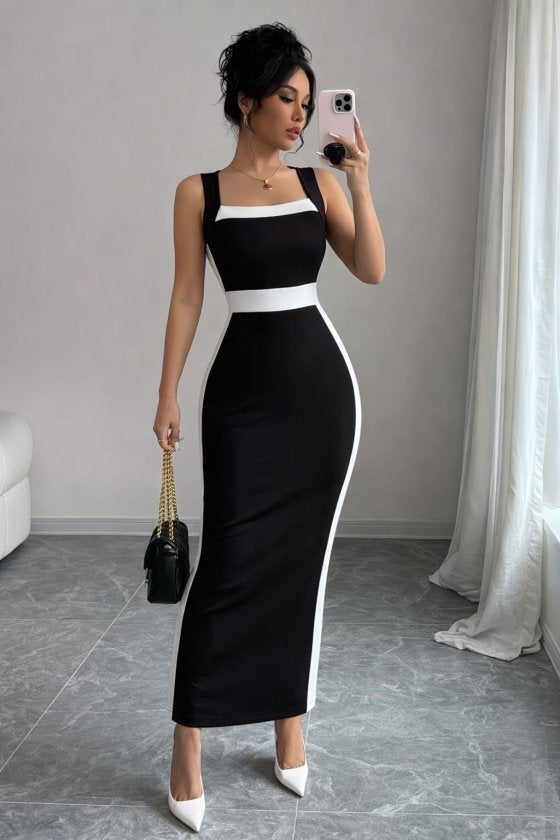 Rochie lungă din lycra cu bretele, guler geometric, detalii cu panglică, 36485