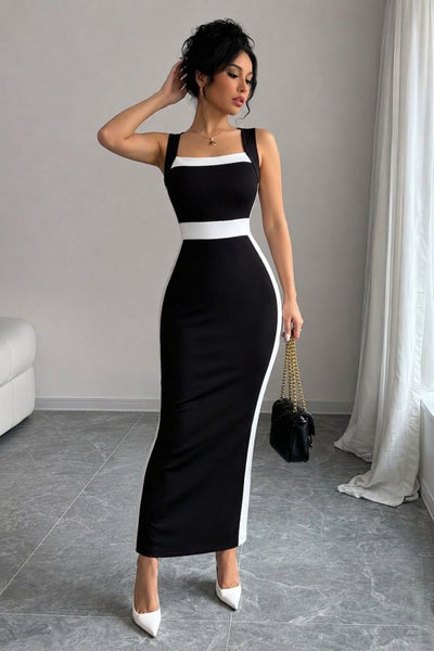 Rochie lungă din lycra cu bretele, guler geometric, detalii cu panglică, 36485