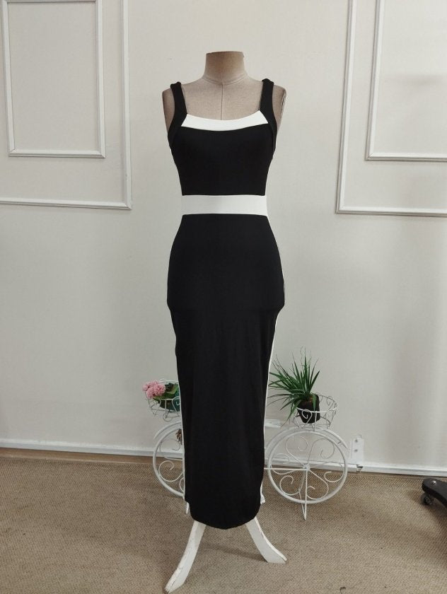 Rochie lungă din lycra cu bretele, guler geometric, detalii cu panglică, 36485