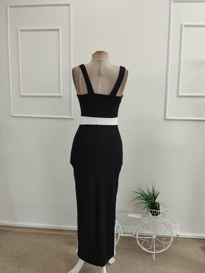 Rochie lungă din lycra cu bretele, guler geometric, detalii cu panglică, 36485