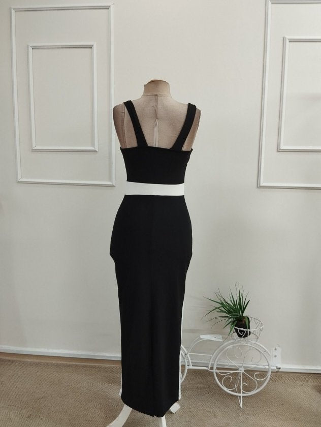 Rochie lungă din lycra cu bretele, guler geometric, detalii cu panglică, 36485