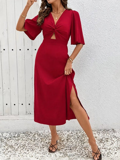 Rochie midi din Sandy cu mânecă scurtă, detalii sarmal pe față, cu deschizătură pe laturi, 36503
