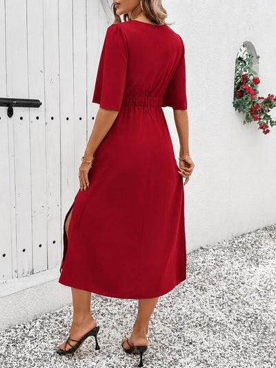 Rochie midi din Sandy cu mânecă scurtă, detalii sarmal pe față, cu deschizătură pe laturi, 36503