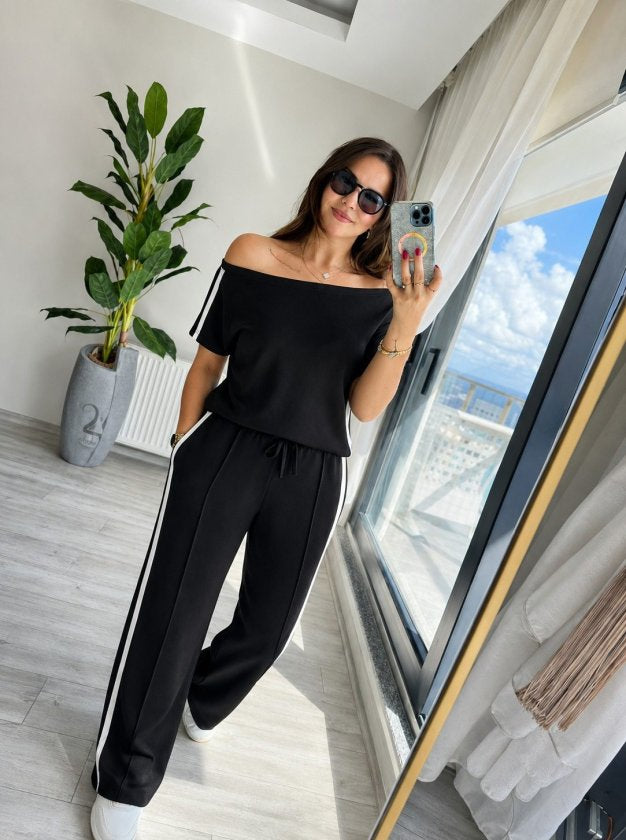 Compleu din viscon cu o bretela deschisă, detaliu cu panglică pe laturi, bluza și pantalon două piese, 36517