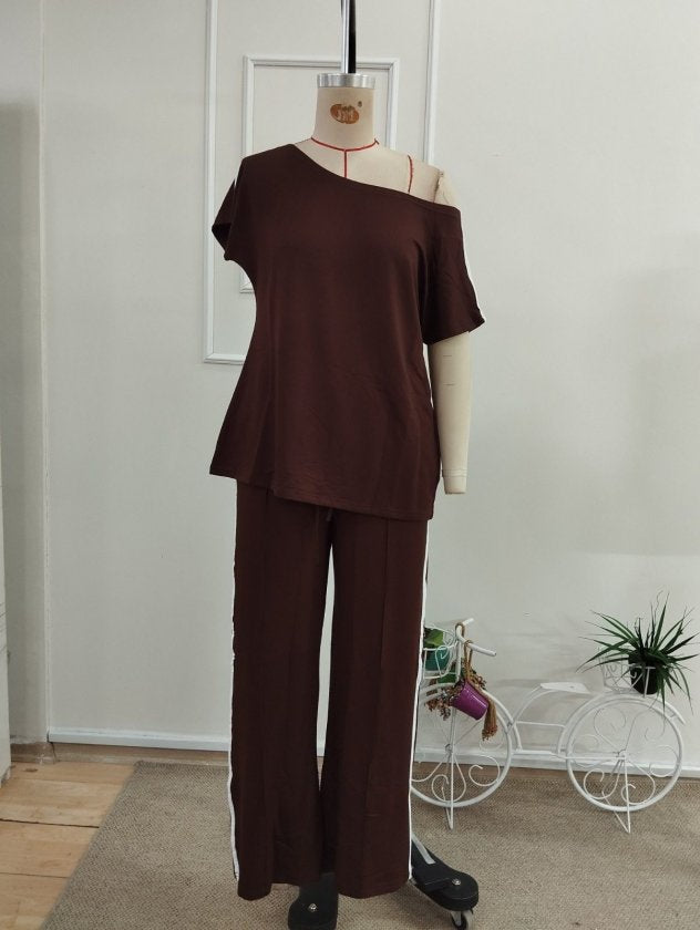 Set două piese damă, bluză și pantaloni, din viscoză, cu bandă laterală deschisă la un umăr, 36518