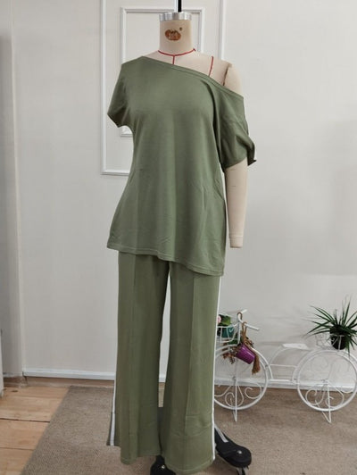 Compleu din viscon cu o bretela deschisă, detaliu cu panglică pe laturi, bluza și pantalon două piese, 36519