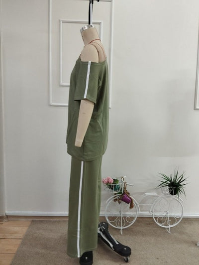 Compleu din viscon cu o bretela deschisă, detaliu cu panglică pe laturi, bluza și pantalon două piese, 36519