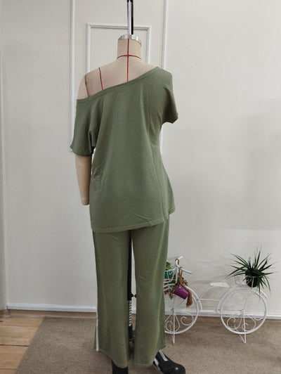 Compleu din viscon cu o bretela deschisă, detaliu cu panglică pe laturi, bluza și pantalon două piese, 36519
