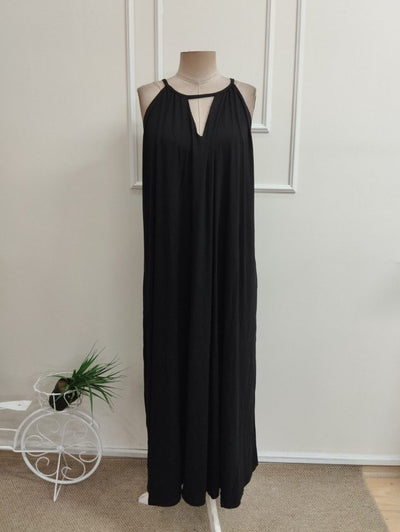 Rochie lungă din viscon cu umerele descoperite, detalii cu accesoriu la gât, fără curea, 36520