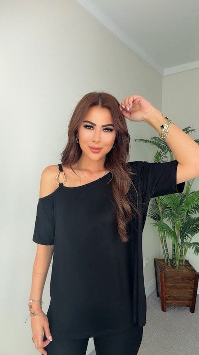 Bluza din viscon cu mânecă scurtă, bretela unui singur umar, detalii cu cataramă, 36530