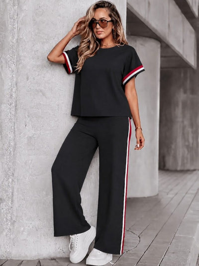 Compleu din viscon cu mânecă scurtă, guler rotund, cu nervuri, bluza și pantalon două piese, 36542