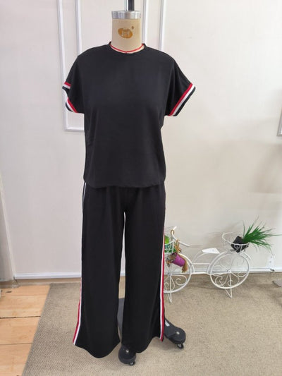 Compleu din viscon cu mânecă scurtă, guler rotund, cu nervuri, bluza și pantalon două piese, 36542