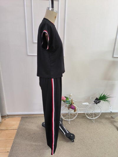 Compleu din viscon cu mânecă scurtă, guler rotund, cu nervuri, bluza și pantalon două piese, 36542