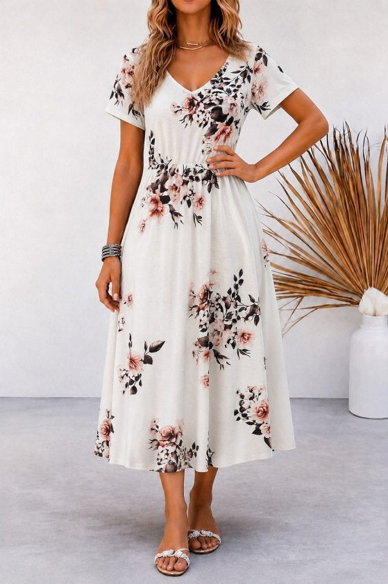 Rochie lungă cu imprimeu și mânecă scurtă cu decolteu în V pentru femei, 36548