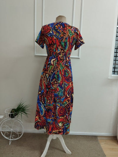 Rochie lungă cu mânecă scurtă, de damă, cu decolteu în V și model imprimat, din țesătură suprafină, 36549