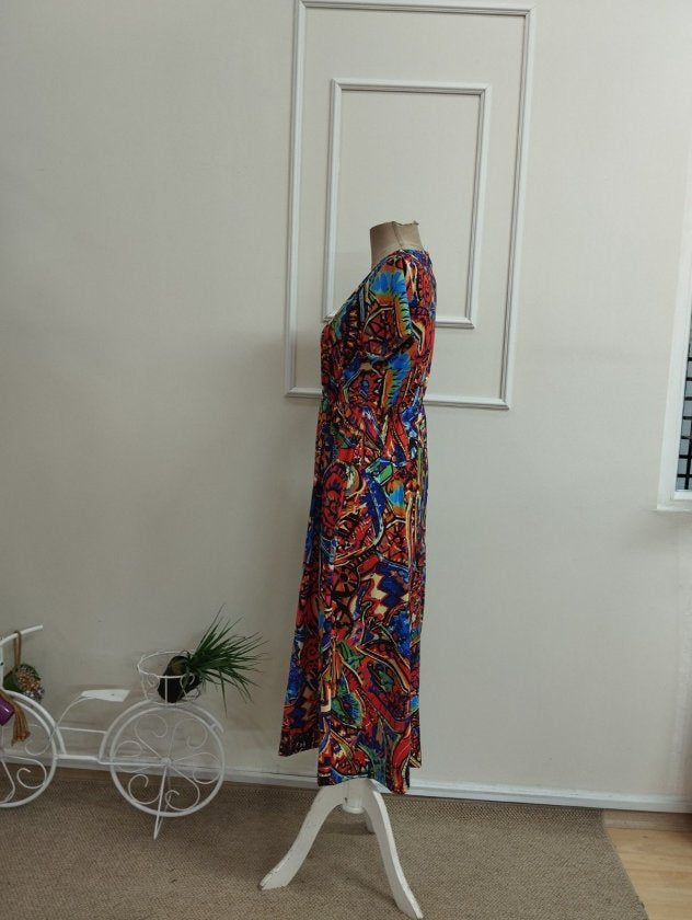 Rochie lungă cu mânecă scurtă, de damă, cu decolteu în V și model imprimat, din țesătură suprafină, 36549
