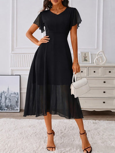 Rochie midi din șifon cu mânecă scurtă, guler V, căptușită, 36588