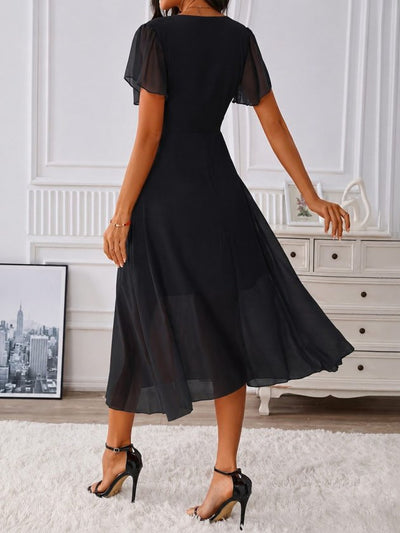 Rochie midi din șifon cu mânecă scurtă, guler V, căptușită, 36588