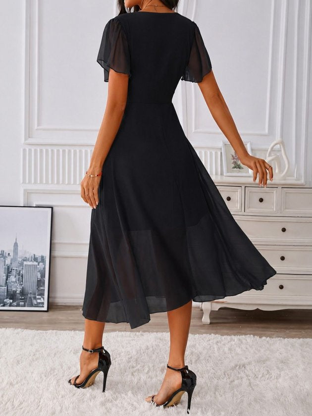 Rochie midi din șifon cu mânecă scurtă, guler V, căptușită, 36588