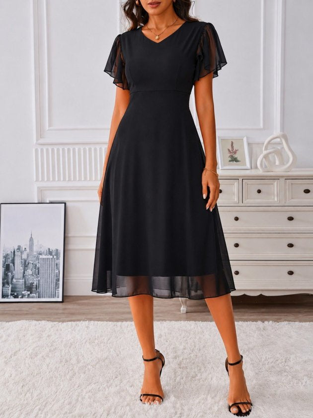 Rochie midi din șifon cu mânecă scurtă, guler V, căptușită, 36588