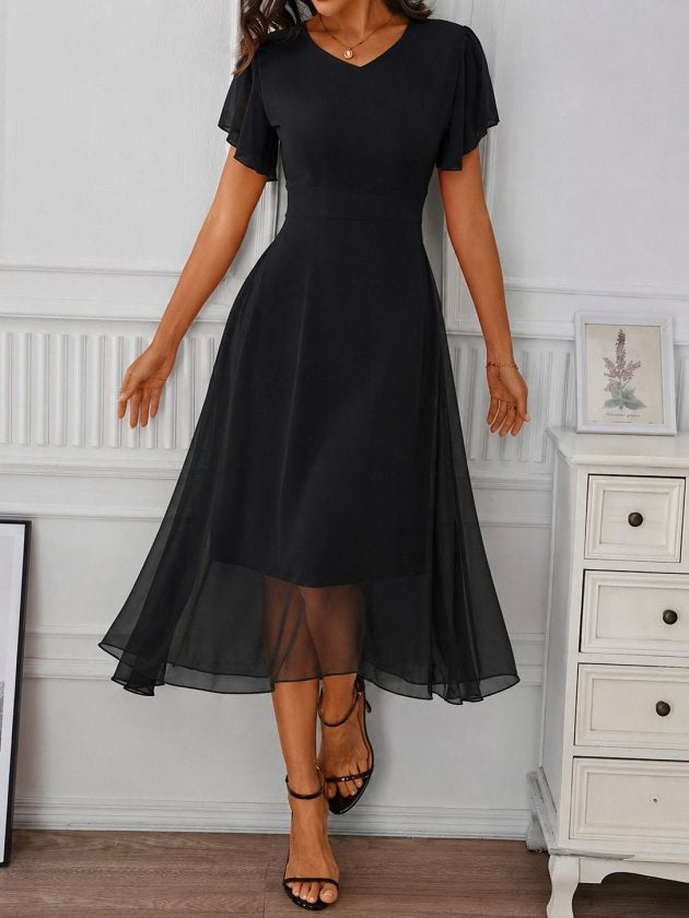 Rochie midi din șifon cu mânecă scurtă, guler V, căptușită, 36588