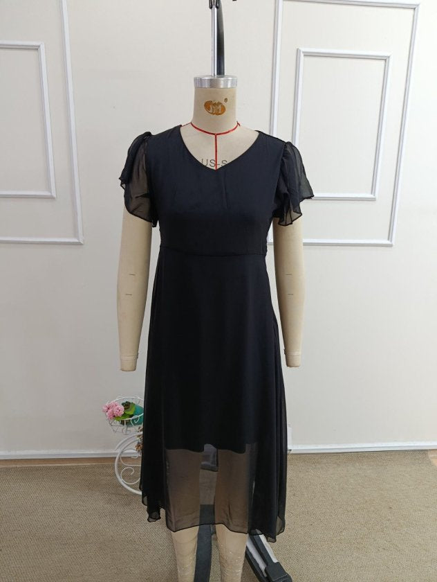 Rochie midi din șifon cu mânecă scurtă, guler V, căptușită, 36588