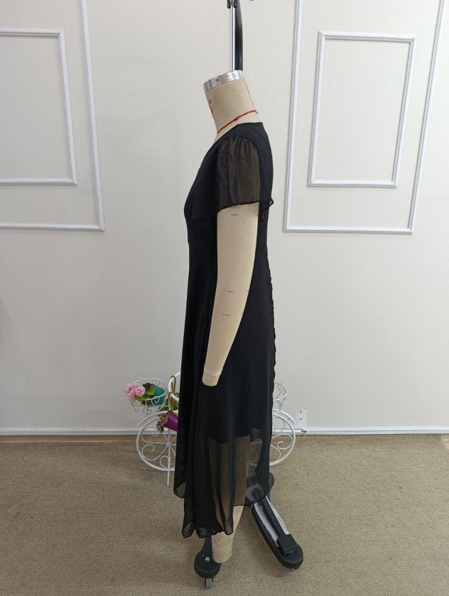 Rochie midi din șifon cu mânecă scurtă, guler V, căptușită, 36588