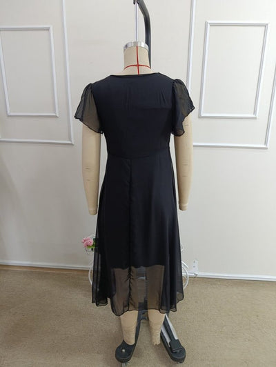 Rochie midi din șifon cu mânecă scurtă, guler V, căptușită, 36588