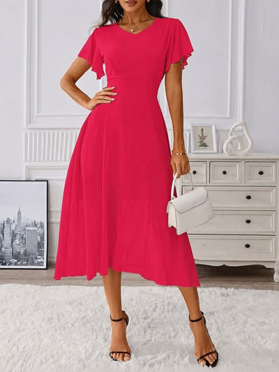 Rochie midi din șifon cu mânecă scurtă, guler V, căptușită, 36589