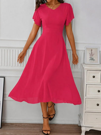 Rochie midi din șifon cu mânecă scurtă, guler V, căptușită, 36589