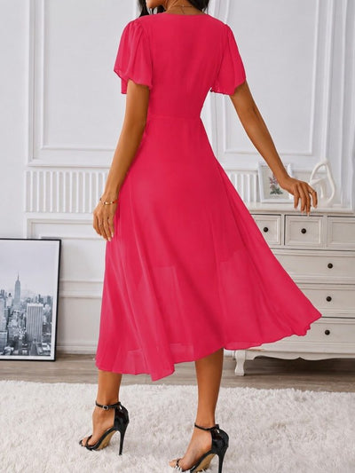 Rochie midi din șifon cu mânecă scurtă, guler V, căptușită, 36589
